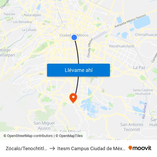 Zócalo/Tenochtitlán to Itesm Campus Ciudad de México map