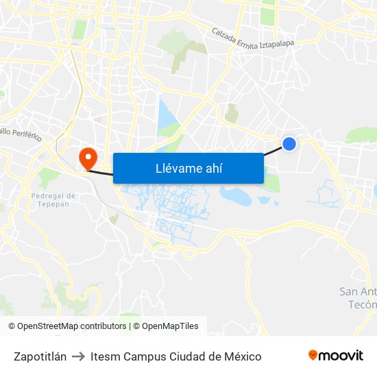 Zapotitlán to Itesm Campus Ciudad de México map