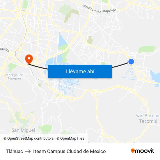 Tláhuac to Itesm Campus Ciudad de México map