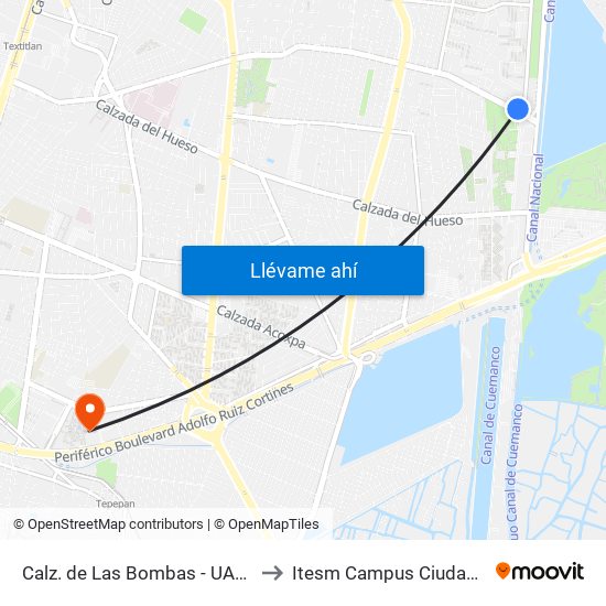 Calz. de Las Bombas - UAM Xochimilco to Itesm Campus Ciudad de México map