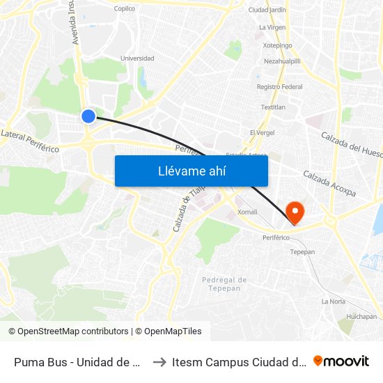 Puma Bus - Unidad de Posgrado to Itesm Campus Ciudad de México map