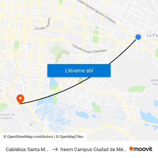 Cablebús Santa Marta to Itesm Campus Ciudad de México map