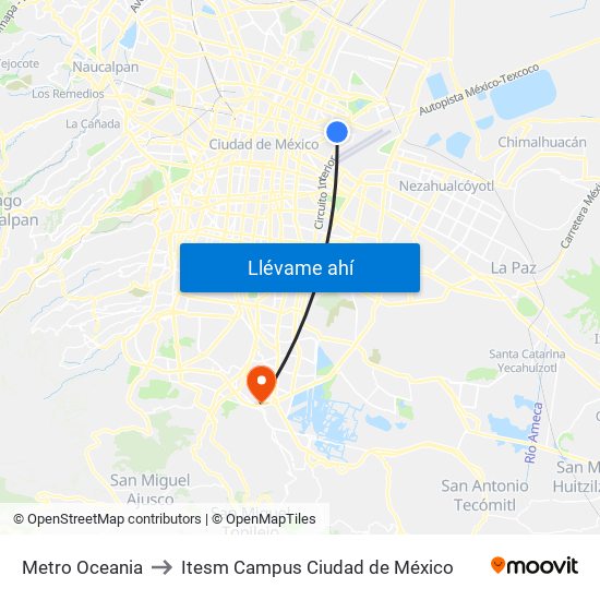 Metro Oceania to Itesm Campus Ciudad de México map