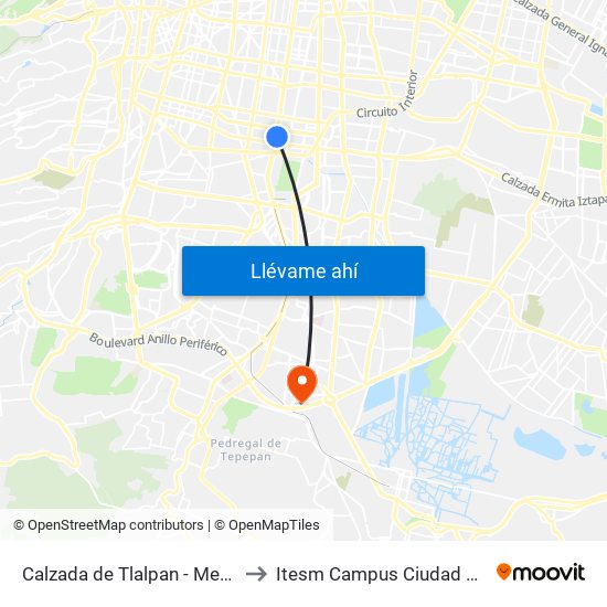 Calzada de Tlalpan - Metro Ermita to Itesm Campus Ciudad de México map