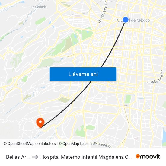 Bellas Artes to Hospital Materno Infantil Magdalena Contreras map