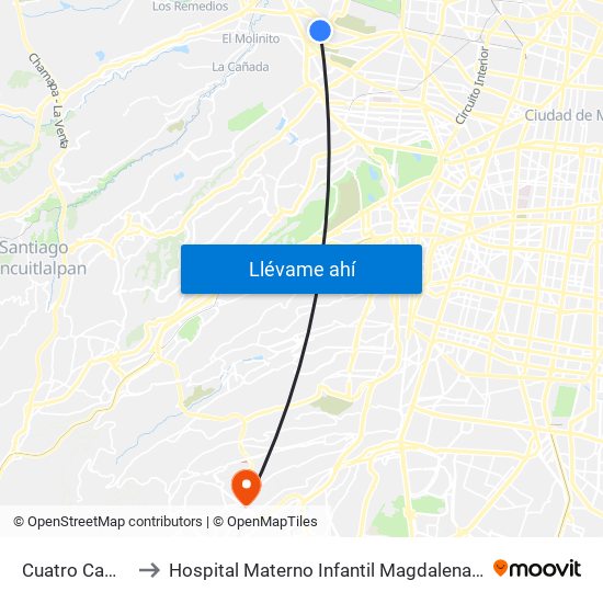 Cuatro Caminos to Hospital Materno Infantil Magdalena Contreras map