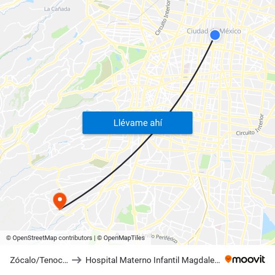 Zócalo/Tenochtitlán to Hospital Materno Infantil Magdalena Contreras map