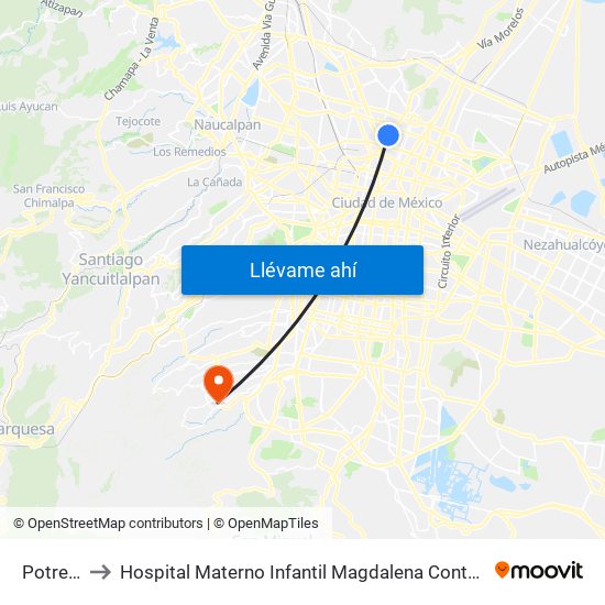 Potrero to Hospital Materno Infantil Magdalena Contreras map