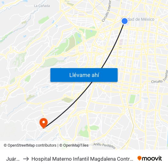 Juárez to Hospital Materno Infantil Magdalena Contreras map