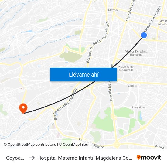 Coyoacán to Hospital Materno Infantil Magdalena Contreras map