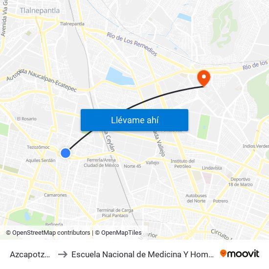 Azcapotzalco to Escuela Nacional de Medicina Y Homeopatía map