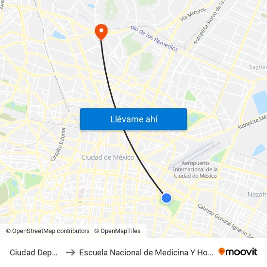 Ciudad Deportiva to Escuela Nacional de Medicina Y Homeopatía map