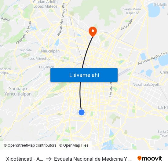 Xicoténcatl - Allende to Escuela Nacional de Medicina Y Homeopatía map