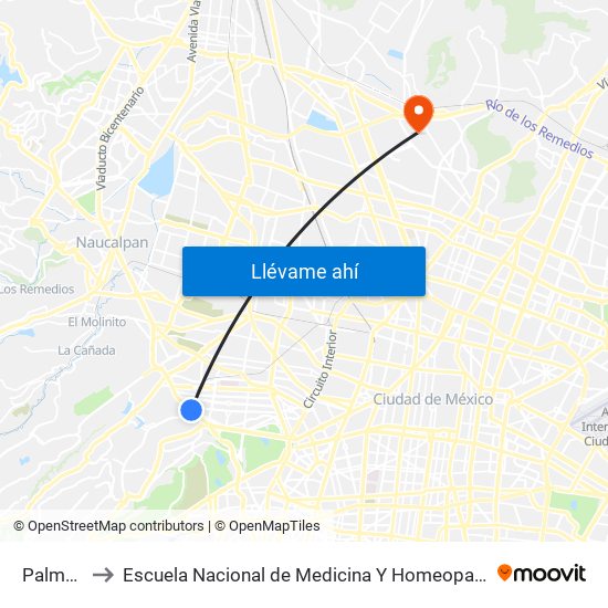 Palmas to Escuela Nacional de Medicina Y Homeopatía map