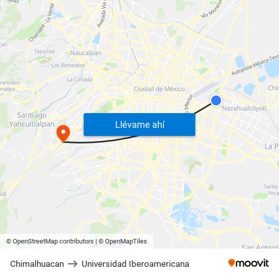 Chimalhuacan to Universidad Iberoamericana map