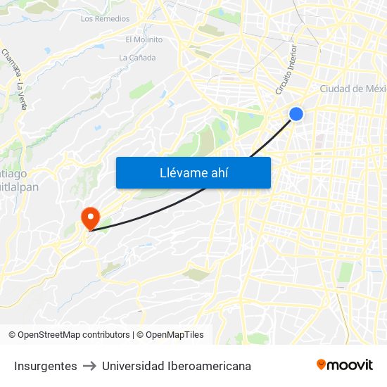 Insurgentes to Universidad Iberoamericana map