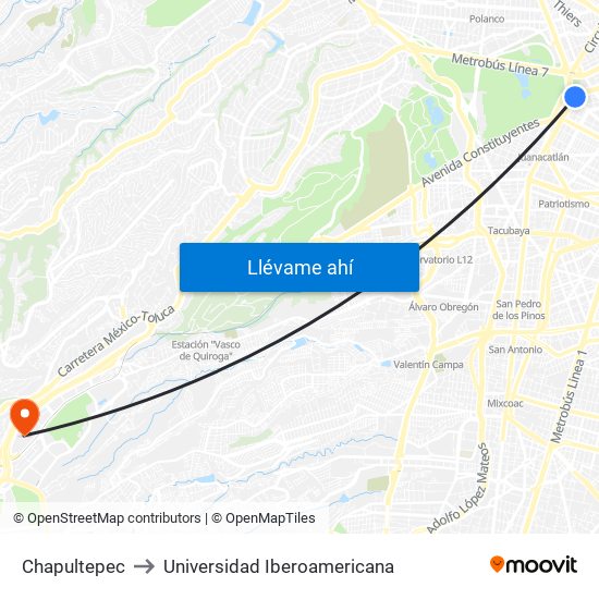 Chapultepec to Universidad Iberoamericana map