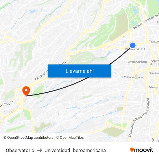 Observatorio to Universidad Iberoamericana map