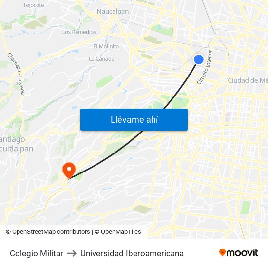 Colegio Militar to Universidad Iberoamericana map