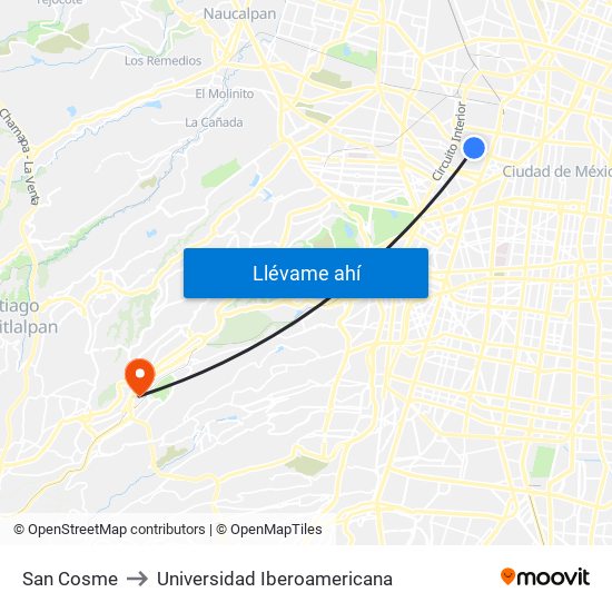 San Cosme to Universidad Iberoamericana map