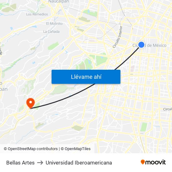 Bellas Artes to Universidad Iberoamericana map