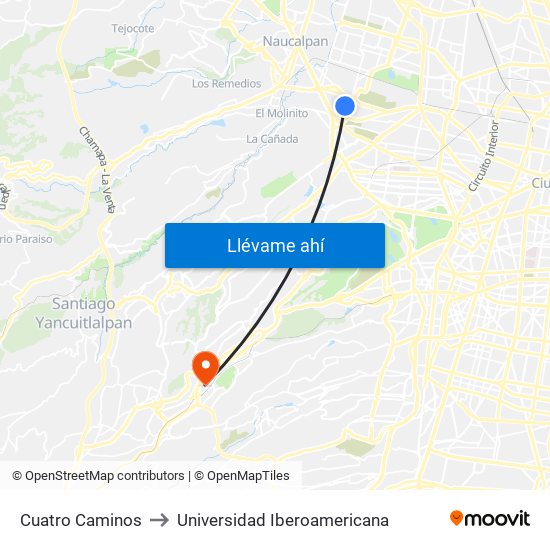 Cuatro Caminos to Universidad Iberoamericana map