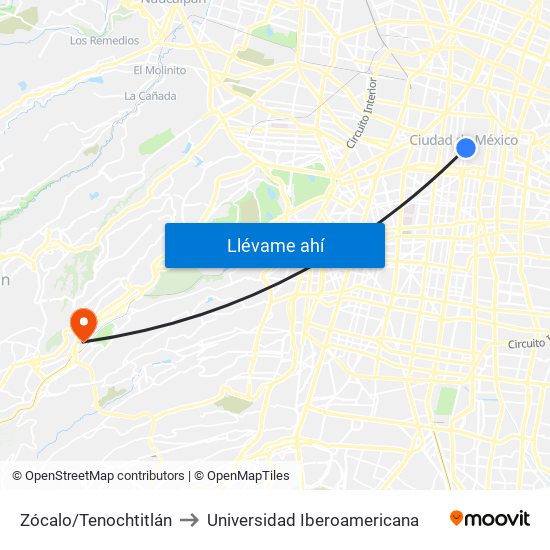 Zócalo/Tenochtitlán to Universidad Iberoamericana map
