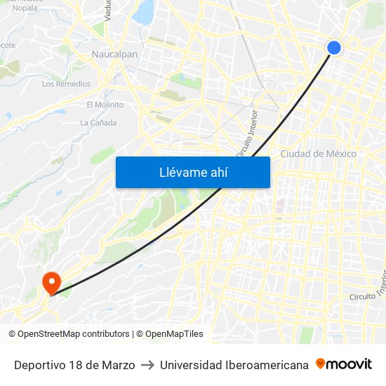 Deportivo 18 de Marzo to Universidad Iberoamericana map