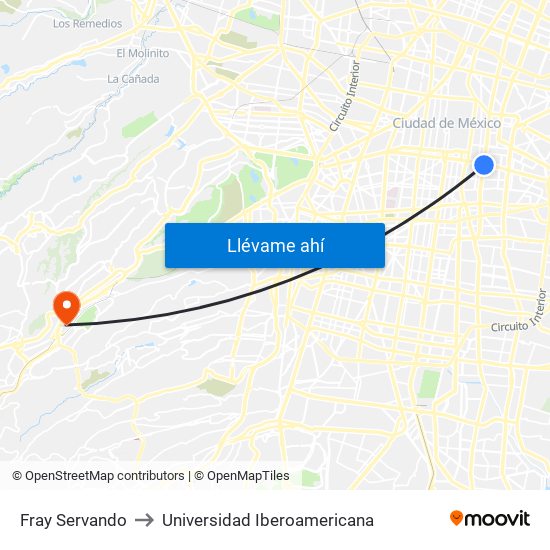 Fray Servando to Universidad Iberoamericana map
