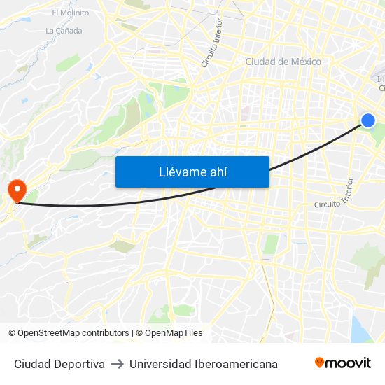 Ciudad Deportiva to Universidad Iberoamericana map