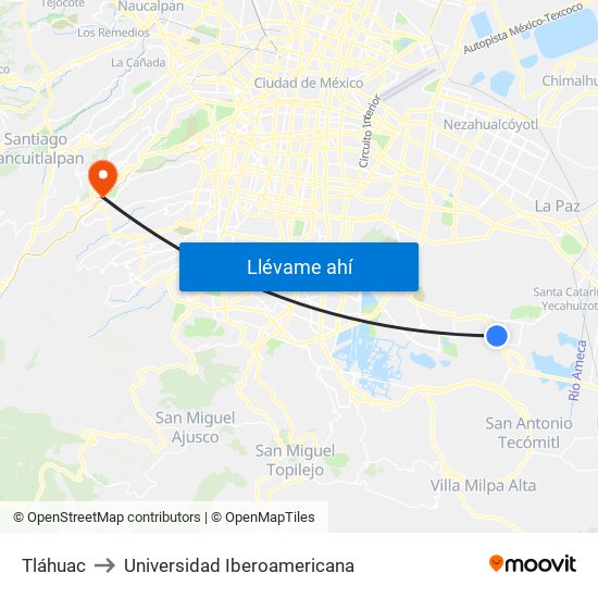 Tláhuac to Universidad Iberoamericana map