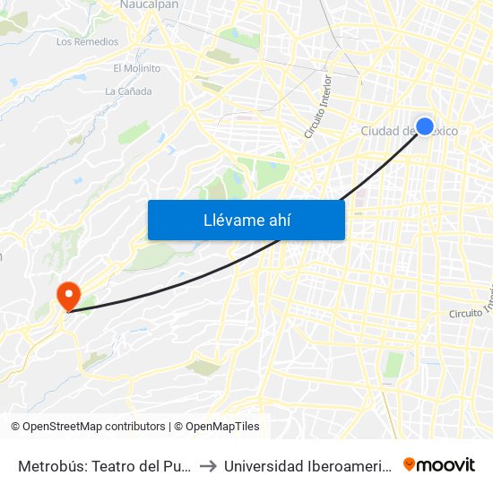 Metrobús: Teatro del Pueblo to Universidad Iberoamericana map