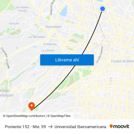 Poniente 152 - Nte. 59 to Universidad Iberoamericana map
