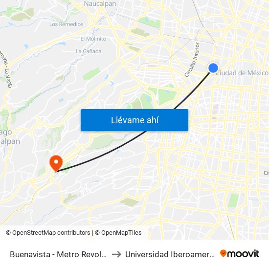 Buenavista - Metro Revolución to Universidad Iberoamericana map