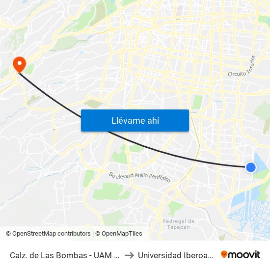 Calz. de Las Bombas - UAM Xochimilco to Universidad Iberoamericana map