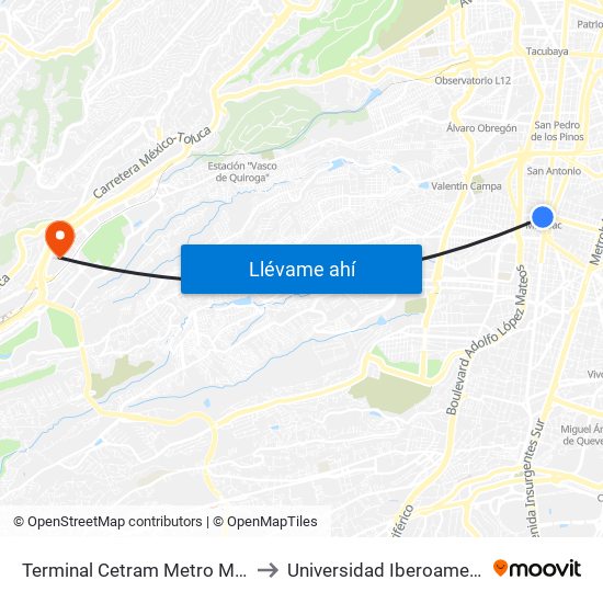 Terminal Cetram Metro Mixcoac to Universidad Iberoamericana map