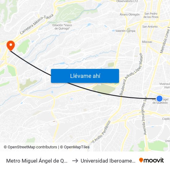 Metro Miguel Ángel de Quevedo to Universidad Iberoamericana map
