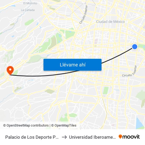 Palacio de Los Deporte Puerta 6 to Universidad Iberoamericana map