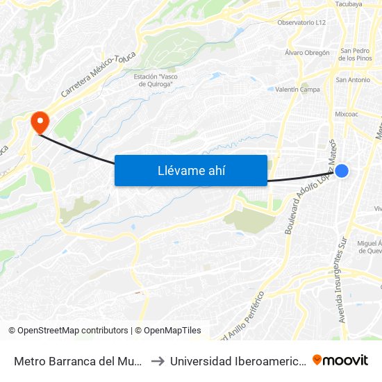 Metro Barranca del Muerto to Universidad Iberoamericana map