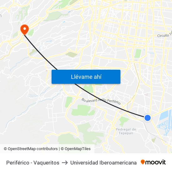 Periférico - Vaqueritos to Universidad Iberoamericana map