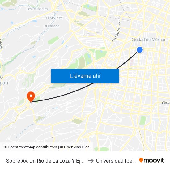 Sobre Av. Dr. Río de La Loza Y Eje Ctrl. Lázaro Cárdenas to Universidad Iberoamericana map