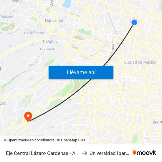 Eje Central Lázaro Cardenas - Autobuses del Norte to Universidad Iberoamericana map