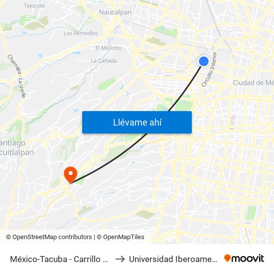 México-Tacuba - Carrillo Puerto to Universidad Iberoamericana map