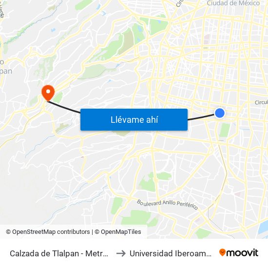 Calzada de Tlalpan - Metro Ermita to Universidad Iberoamericana map