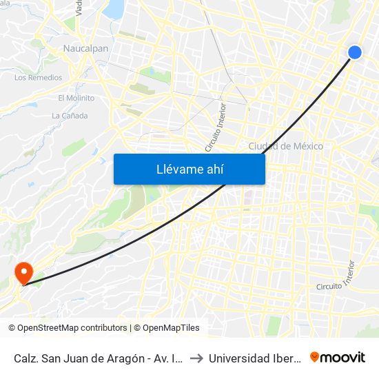 Calz. San Juan de Aragón - Av. Ing. Eduardo Molina to Universidad Iberoamericana map