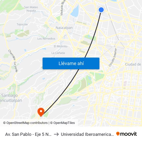 Av. San Pablo - Eje 5 Nte. to Universidad Iberoamericana map