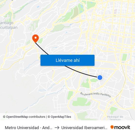 Metro Universidad - Anden B to Universidad Iberoamericana map