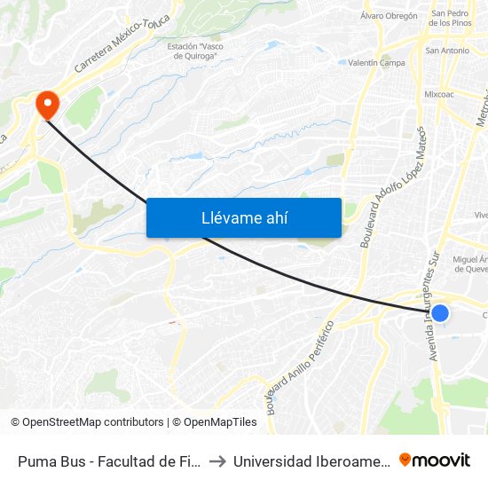 Puma Bus - Facultad de Filosofía to Universidad Iberoamericana map
