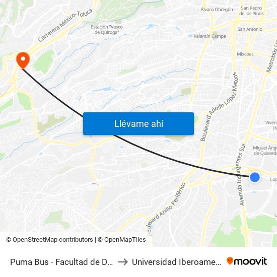 Puma Bus - Facultad de Derecho to Universidad Iberoamericana map