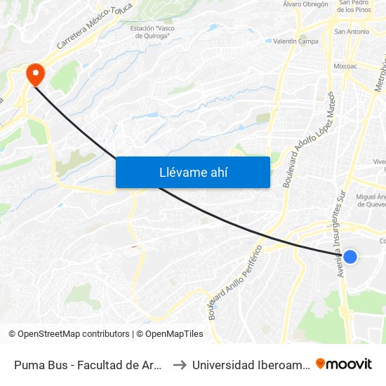 Puma Bus - Facultad de Arquitectura to Universidad Iberoamericana map